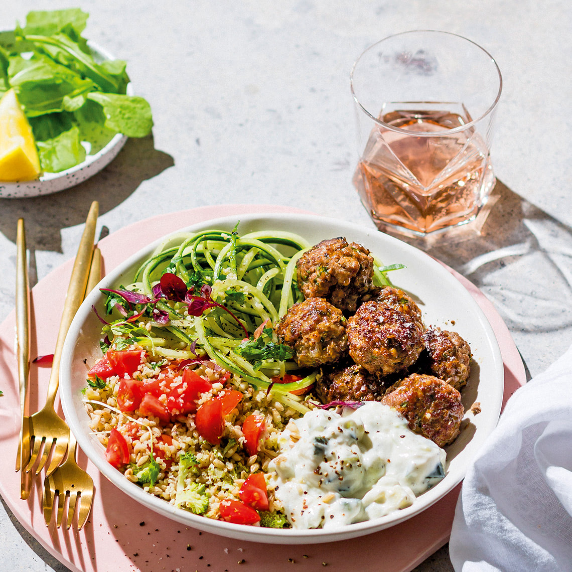 Barley and couscous tabbouleh with meatballs and tzatziki Recipes