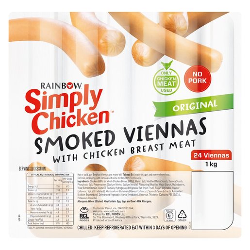 Rainbow Original Chicken Viennas 1kg PnP