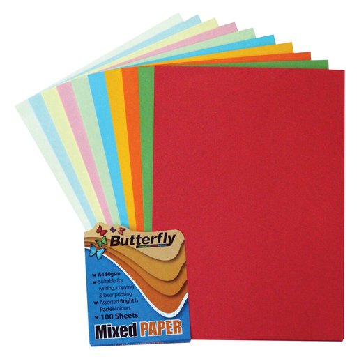 Butterfly A4 Bright & Pastel Paper 100 Sheets Smart Price Specials