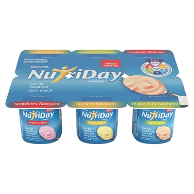 Danone Nutriday Low Fat Smooth Strawberry, Mixed Fruit & Banana Dairy Snack 6 x 100g