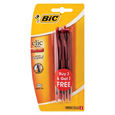 BIC Red Clic Medium Pen 3 + 2 Free