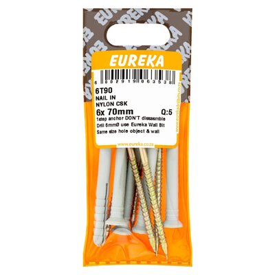 Eureka Nail-In Nylon Countersunk 6 x 70mm 5 Pack