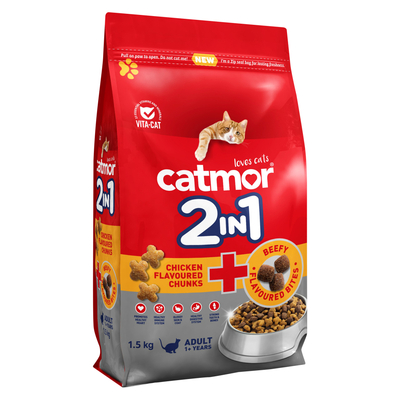 Catmor 2-in-1 Adult Cat Food with Chicken Flavoured Chunks and Beefy ...