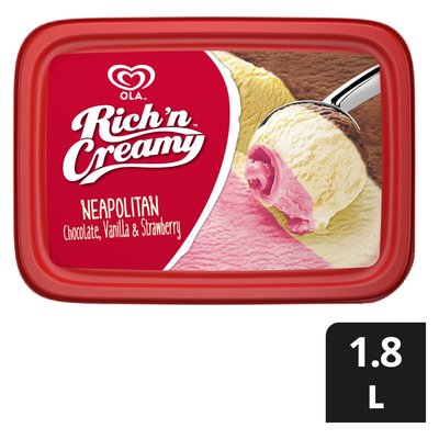 Ola Rich n Creamy Neopolitan Chocolate Vanilla & Strawberry Flavoured Ice Cream Tub 1.8L