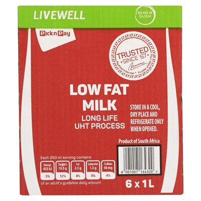 PnP Live Well Low Fat Long Life Milk 6 x 1L