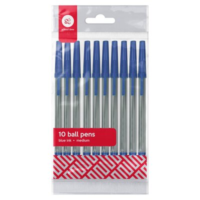 School Time Ball Pens Blue Ink Medium 10 Pack