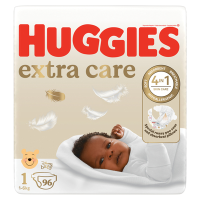 Huggies Extra Care Size1 New Baby 96 Nappies (Up to 6kg) Jumbo