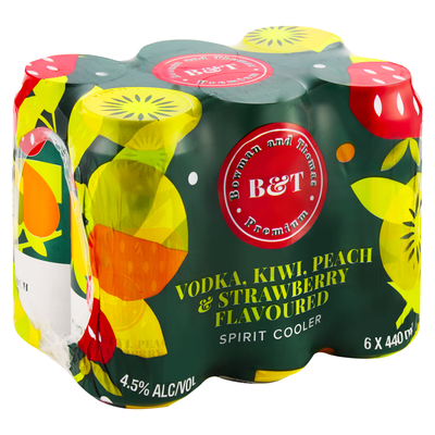 B&T Vodka, Kiwi, Peach & Strawberry Spirit Cooler 6 x 440ml | PnP