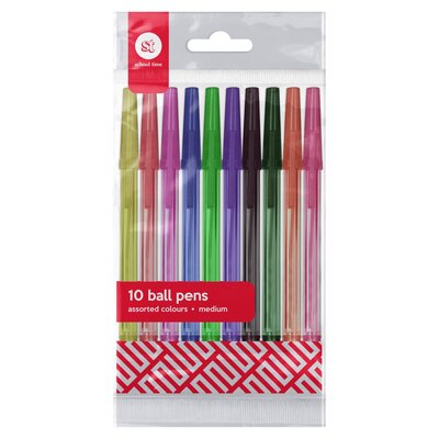 School Time Ball Pens Assorted Colours 10 Pack